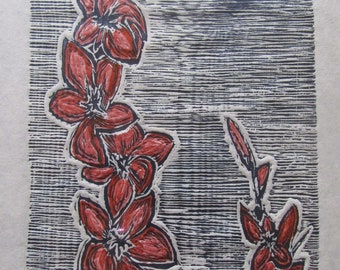 Gladiola Flowers original hand carved woodcut woodblock print  Moku Hanga Japanese washi paper signed Kevin Clark