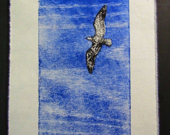 Lone Seagull Bird flight sky hand carved woodblock print Japanese washi paper signed Kevin Clark