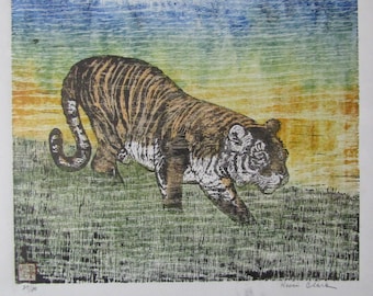 Tiger Cat Neko Tora Original Hand Carved Woodcut Woodblock Print