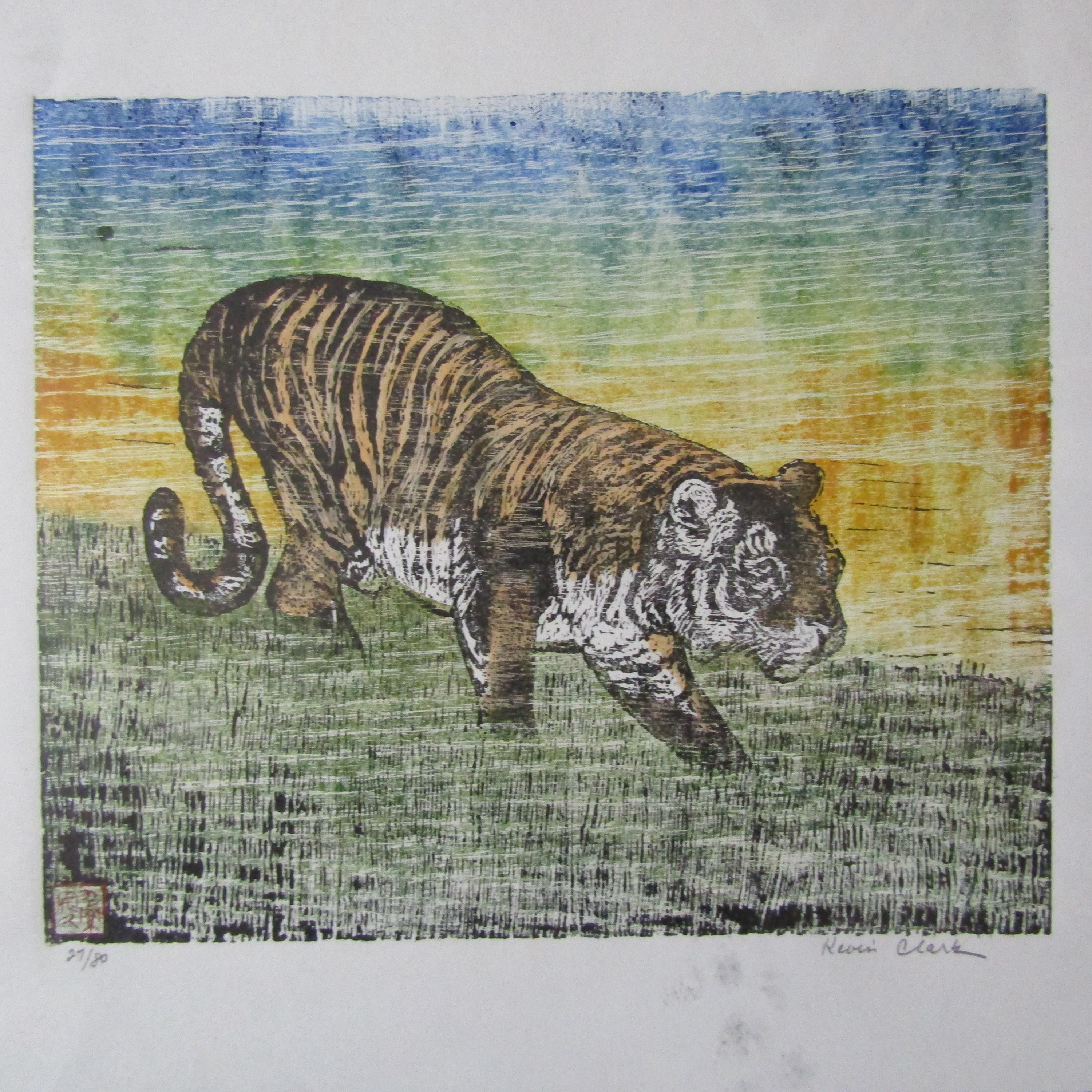 Tiger Cat Neko Tora Original Hand Carved Woodcut Woodblock Print