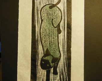 Green Neko Cat Siamese hand carved woodblock print Japanese washi paper signed Kevin Clark