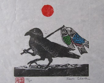 Yata Karasu 3 legged Crow Yatagarasu Koinobori Fish Kite hand carved woodcut woodblock print Japanese moku hanga washi paper signed Clark