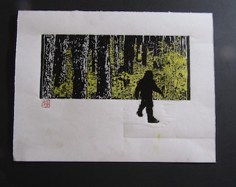 Out of the woods. Bigfoot, Sasquatch kaiju original modern hand carved woodcut woodblock print Sosaku Moku Hanga Japanese washi signed Clark