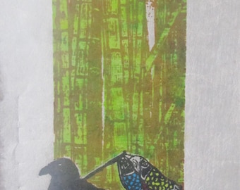 Yatagarasu Yata Karasu Bamboo Tree forest crow raven koi nobori woodblock print grabado woodcut Japanese Moku Hanga washi signed Clark