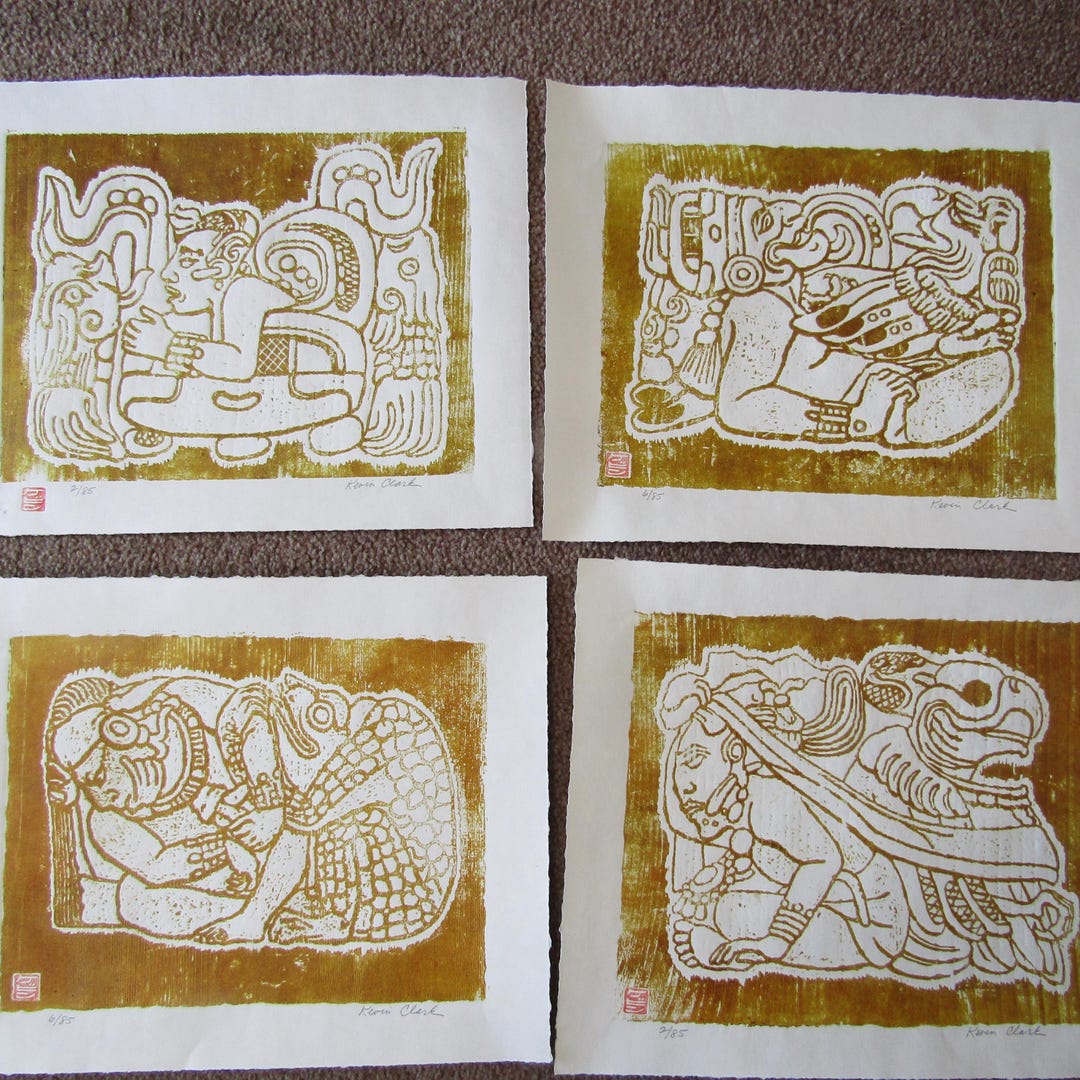 Mayan Glyphs Copan Honduras Hand Carved Woodblock Print Set of 4