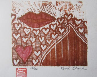 Chocolate Kiss Valentine heart Love hand carved woodcut modernist woodblock print Japanese moku hanga washi paper signed Clark