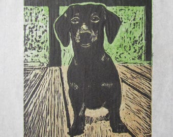 Dachshund Dog Puppy Hand Carved Woodcut Woodblock Print Japanese