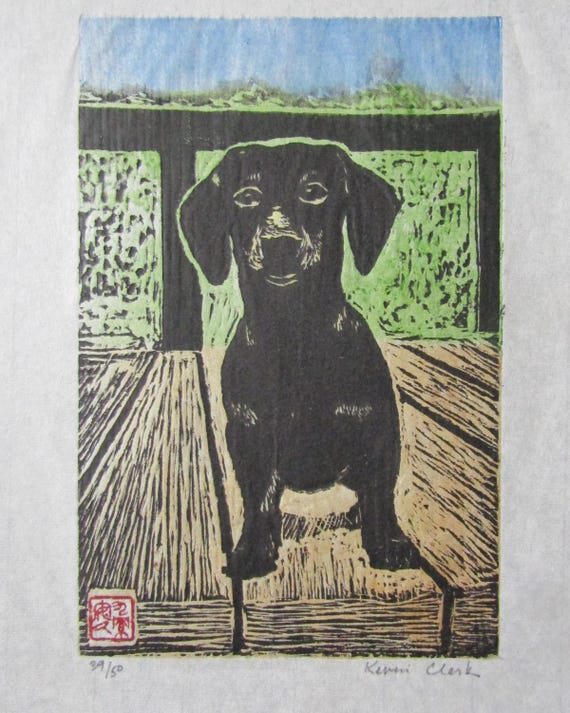 Dachshund Dog Puppy Hand Carved Woodcut Woodblock Print Japanese