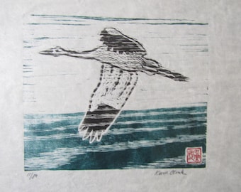 Flying Crane Tsuru hand carved woodcut woodblock print Japanese moku hanga washi paper signed Kevin Clark