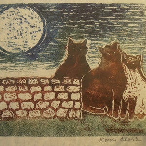 Three Cats original hand carved woodblock print Moku Hanga Japanese washi paper signed Kevin Clark image 2