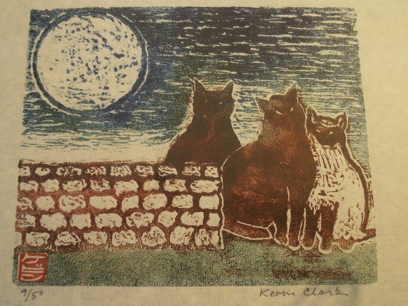 Three Cats original hand carved woodblock print Moku Hanga Japanese washi paper signed Kevin Clark image 2