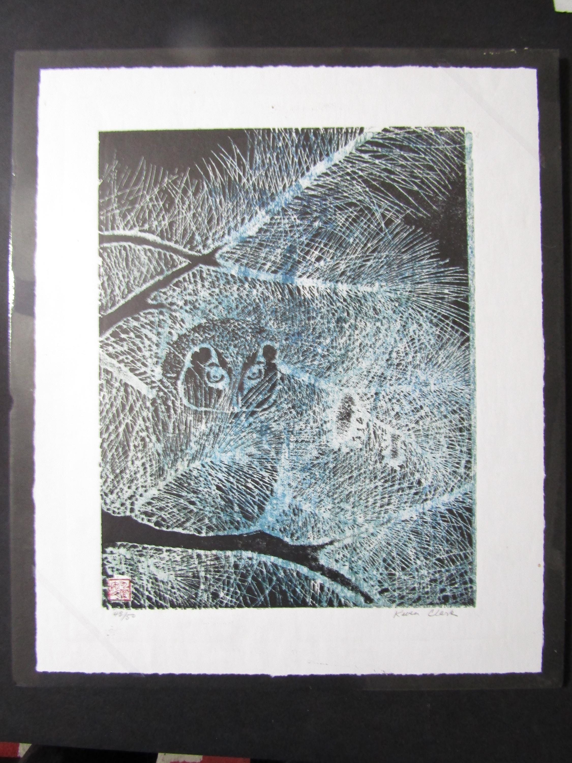 Night Owl Bird Shadow Original Hand Carved Woodblock Print Moku