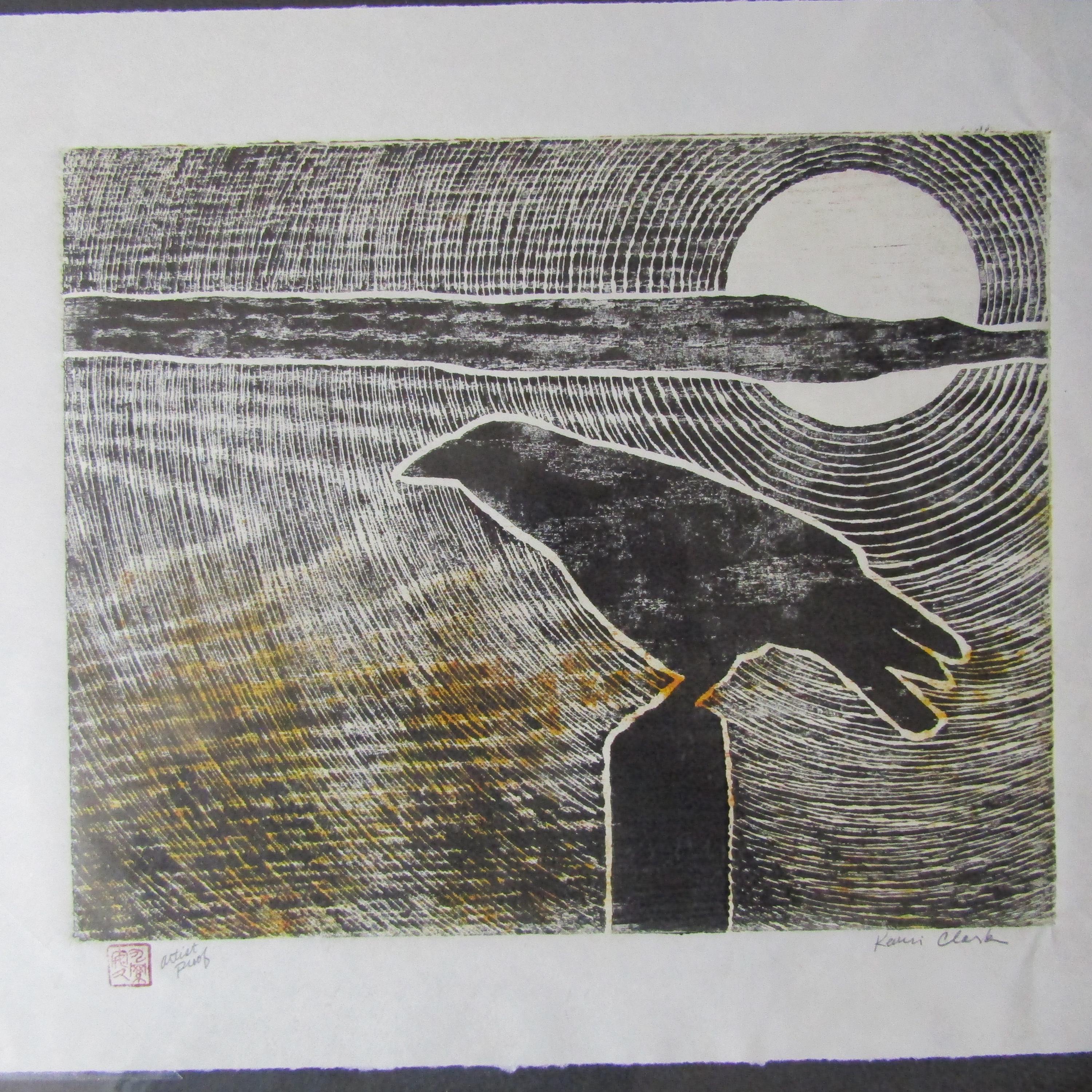 Desert Crow Raven Sunset Karasu Hand Carved Woodcut Woodblock