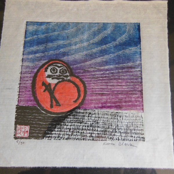 Darma Daruma Wa! original hand carved woodblock print  Moku Hanga Japanese washi paper signed Kevin Clark