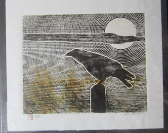 Desert Crow Raven Sunset Karasu hand carved woodcut woodblock print Japanese moku hanga washi paper signed Kevin Clark