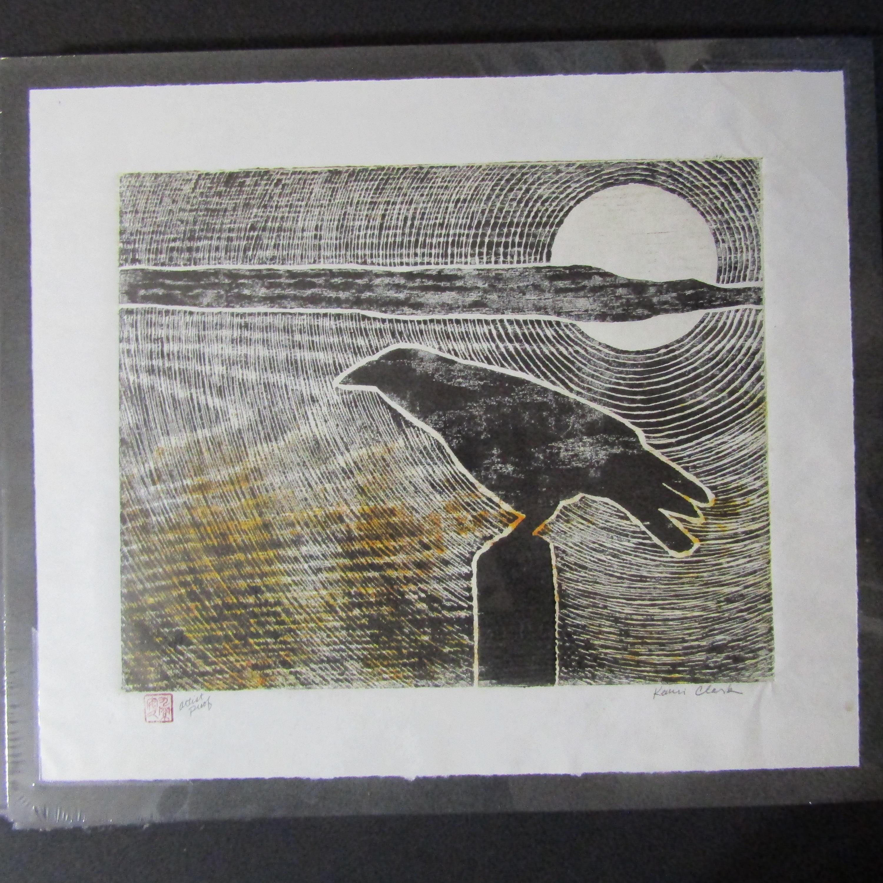 テセウス kakawow スクリプトアートカード /75 Desert Crow Raven Sunset Karasu Hand Carved Woodcut Woodblock