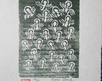 YMCA Swimming Pool crowd Modern Party original hand carved woodblock print woodcut Moku Hanga Japanese washi paper signed Kevin Clark