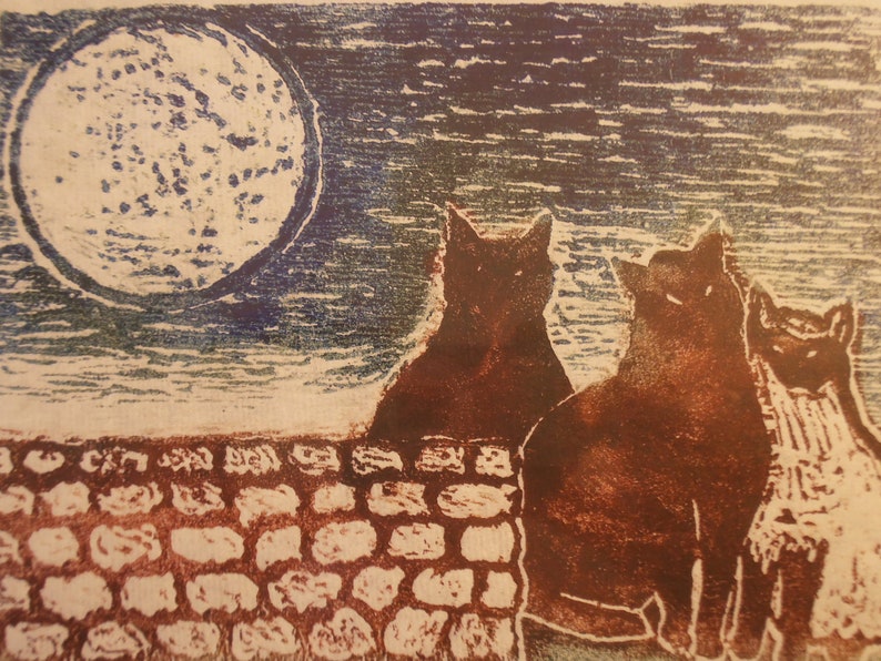 Three Cats original hand carved woodblock print Moku Hanga Japanese washi paper signed Kevin Clark image 5