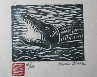Alligator Crocodile original woodcut hand carved woodblock print Moku Hanga Japanese washi paper signed Kevin Clark