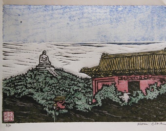 original hand carved woodblock print Moku Hanga Tian Tan Buddha Po Lin Monastery China signed Clark