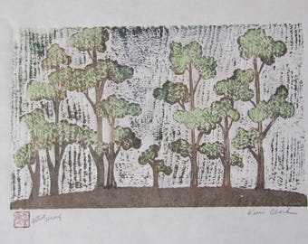 Modernist eucalyptus Tree Forest Park original woodcut hand carved woodblock print Japanese Moku Hanga signed Kevin Clark