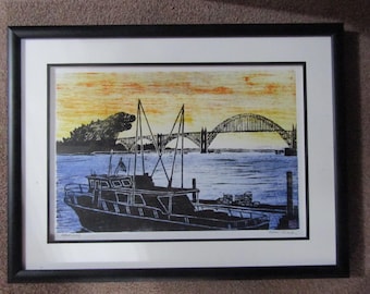 Kaiju Newport Bridge Oregon godzilla Dinosaur monster hand carved woodblock print Japanese moku hanga signed Clark CUSTOM FRAMED!