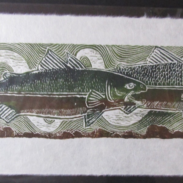 Sushi Salmon Trout steelhead hand carved woodblock print Japanese washi paper signed Kevin Clark