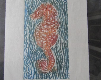 Ocean Seahorse sea dragon hand carved woodcut, woodblock print Japanese moku hanga washi paper signed Clark