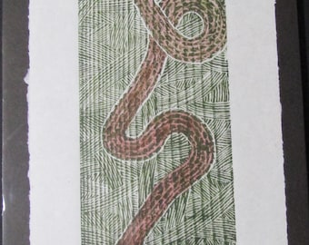 Grass Snake Habu original hand carved woodblock print Moku Hanga Japanese washi paper signed Kevin Clark