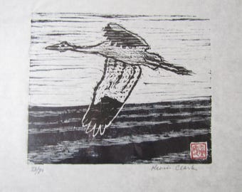 Flying Crane Tsuru hand carved woodcut woodblock print Japanese moku hanga washi paper signed Kevin Clark