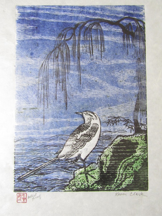 セキレイセキレイ鳥オリジナル手彫り木版画木版画バンフア日本木版画