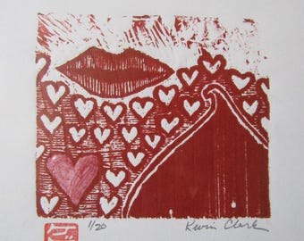 Chocolate Kiss Valentine heart Love hand carved woodcut modernist woodblock print Japanese moku hanga washi paper signed Clark