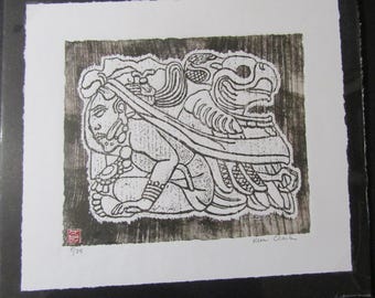 Mayan Glyph Copan Honduras woodcut grabado engraving carved woodblock print Japanese moku hanga washi paper signed Kevin Clark