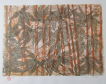 Japanese Maple leaf & Bamboo hand carved woodcut woodblock print Moku Hanga signed Kevin Clark
