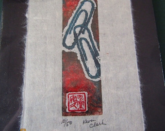 Paperclips clip office supply woodcut engraving hand carved woodblock print Japanese washi paper signed Clark