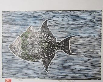 Ocean Sea Trigger Fish Kawahagi Hand Carved Woodcut Woodblock