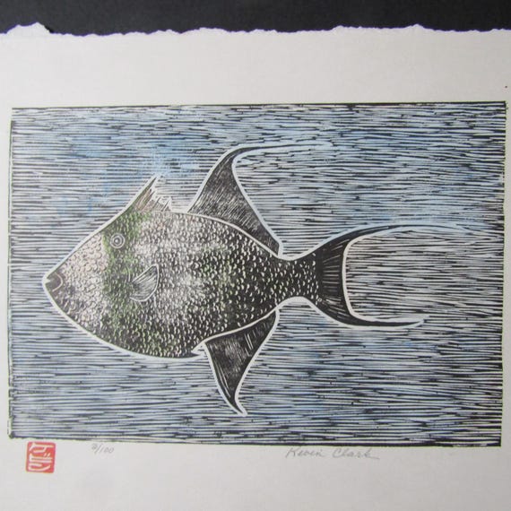 Ocean Sea Trigger Fish Kawahagi Hand Carved Woodcut Woodblock