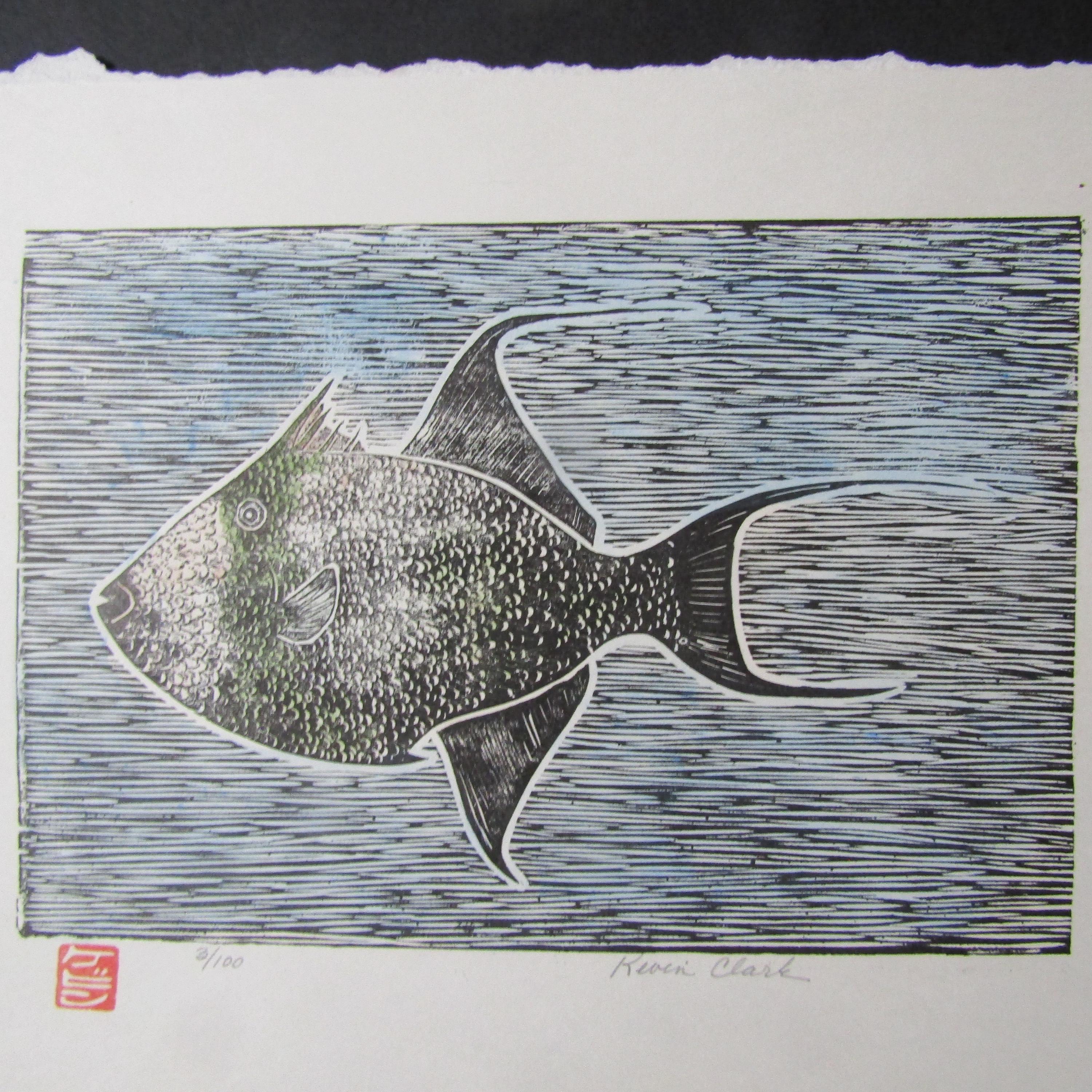 Ocean Sea Trigger Fish Kawahagi Hand Carved Woodcut Woodblock