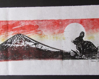 Rabbit Moon Fuji Mountain Japan hand carved woodblock print Japanese moku hanga signed Kevin Clark