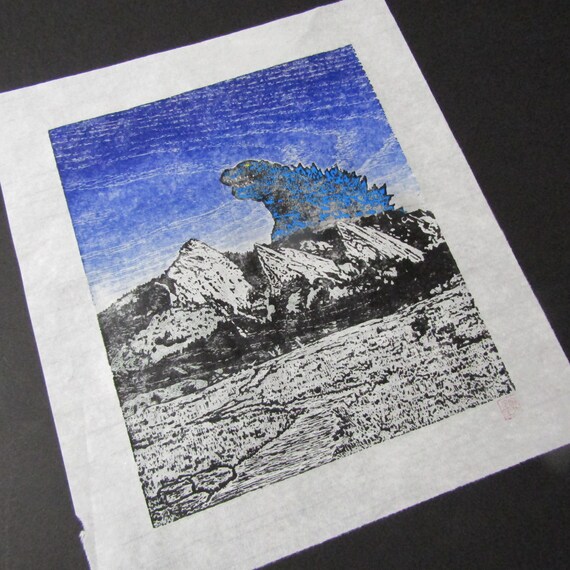 Original Woodblock Print Japanese Moku Hanga Godzilla Kaiju