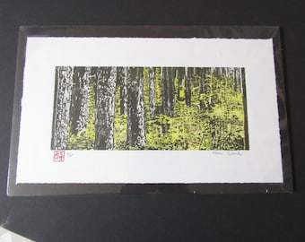 Forest Undergrowth vine maple trees hand carved woodblock print Japanese moku hanga signed Kevin Clark