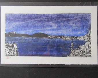 Crater Lake National Park Oregon hand carved woodcut woodblock print Japanese moku hanga washi paper signed Kevin Clark