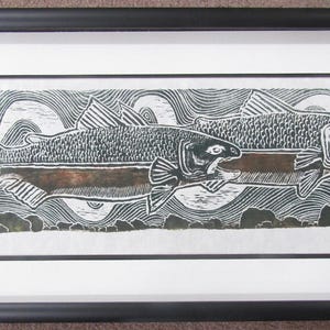 Sushi Salmon Trout steelhead hand carved woodblock print Japanese washi paper signed Custom FRAMED artist Kevin Clark