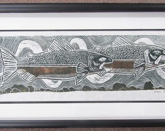 Sushi Salmon Trout steelhead hand carved woodblock print Japanese washi paper signed Custom FRAMED artist Kevin Clark