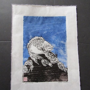 Ebi Tai Fish Sea Bream Sushi pescado y camarones tallados a mano xilografía impresión en madera papel washi japonés moku hanga firmado Kevin Clark