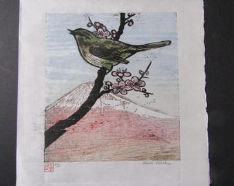 Spring Song Warbler bird Plum Blossom Red Fuji Mountain view Large hand carved woodblock print Japanese Moku Hanga Banhua signed Clark #27