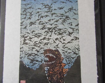 Kaiju godzilla-like monster dinosaur and his Murder Japanese Bird or Bat Flock hand carved woodblock print Japanese washi paper signed Clark