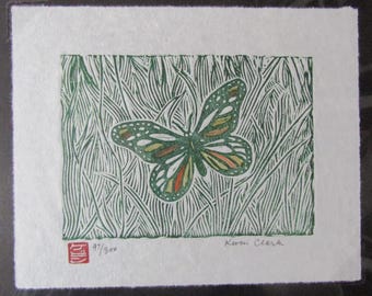Grass Butterfly insect hand carved woodcut woodblock print Japanese moku hanga hdwashi paper signed Kevin Clark