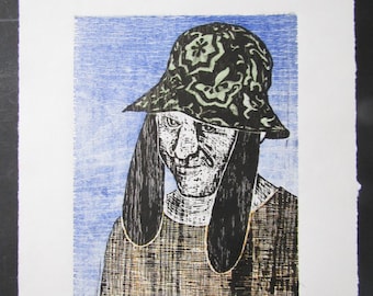 My Goofy Friend portrait hand carved woodcut woodblock print Japanese moku hanga washi paper signed Clark