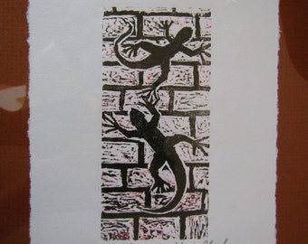 Lizard Wall Gecko reptile woodcut engraving hand carved woodblock print Japanese washi paper signed Clark